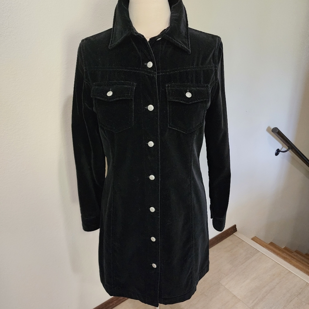 Vintage Gap Velvet Long Line Jacket Mini Dress Trucker Y2K Grunge Black size 8